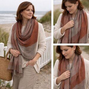 🍂 Bloom & Give Oversized Vintage Woven Shawl / Scarf – Rust, Taupe & Soft Gray